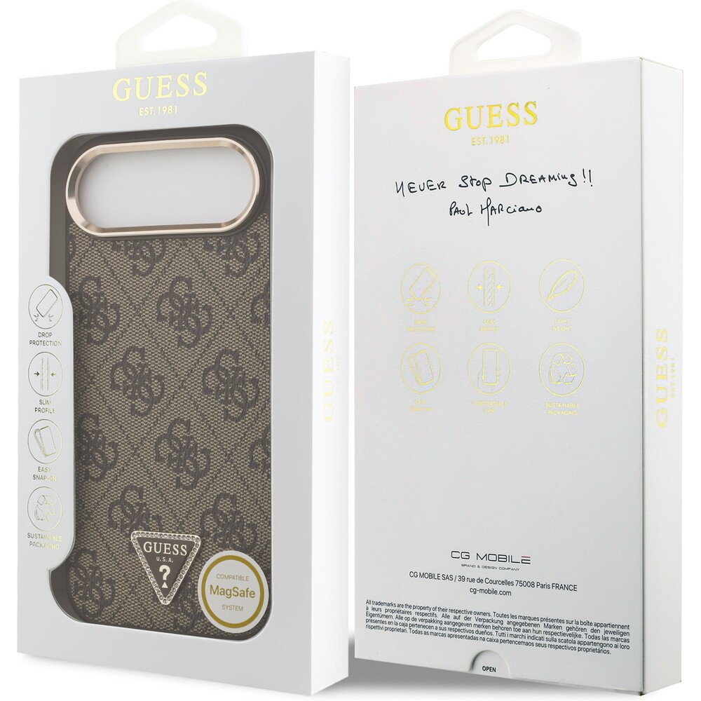 Guess-PU-Leather-4G-Triangle-Logo-Gold-Frame-MagSafe-kryt-iPhone-Air-hnedy