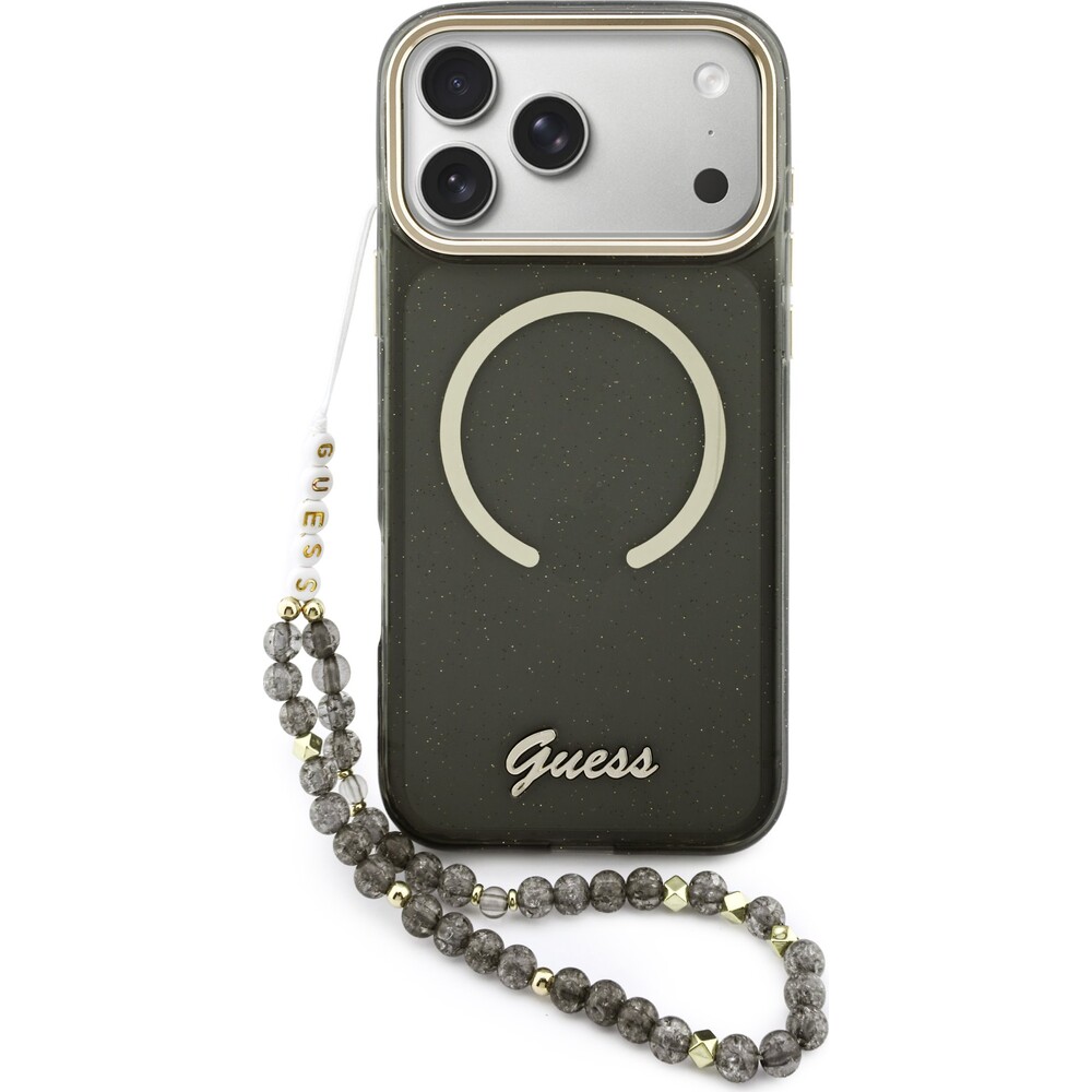 Guess-IML-Glitter-Script-Strap-MagSafe-kryt-iPhone-17-Pro-Max-cerny