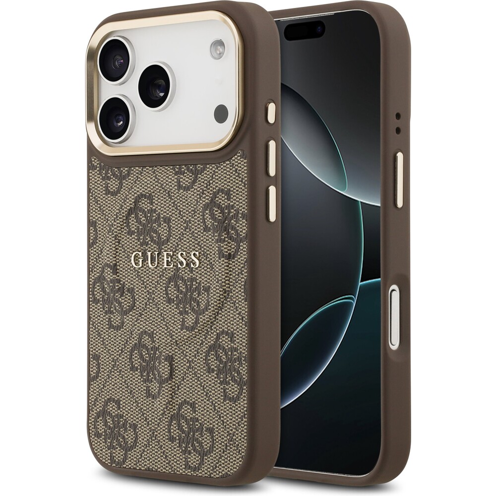 Guess-PU-Leather-4G-Gold-Frame-MagSafe-kryt-iPhone-17-Pro-hnedy