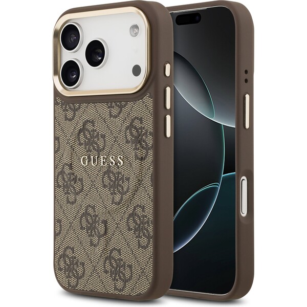 Guess-PU-Leather-4G-Gold-Frame-MagSafe-kryt-iPhone-17-Pro-hnedy