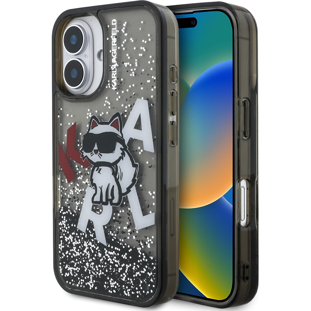 Karl-Lagerfeld-Liquid-Glitter-Scattered-Choupette-kryt-iPhone-16-cerny