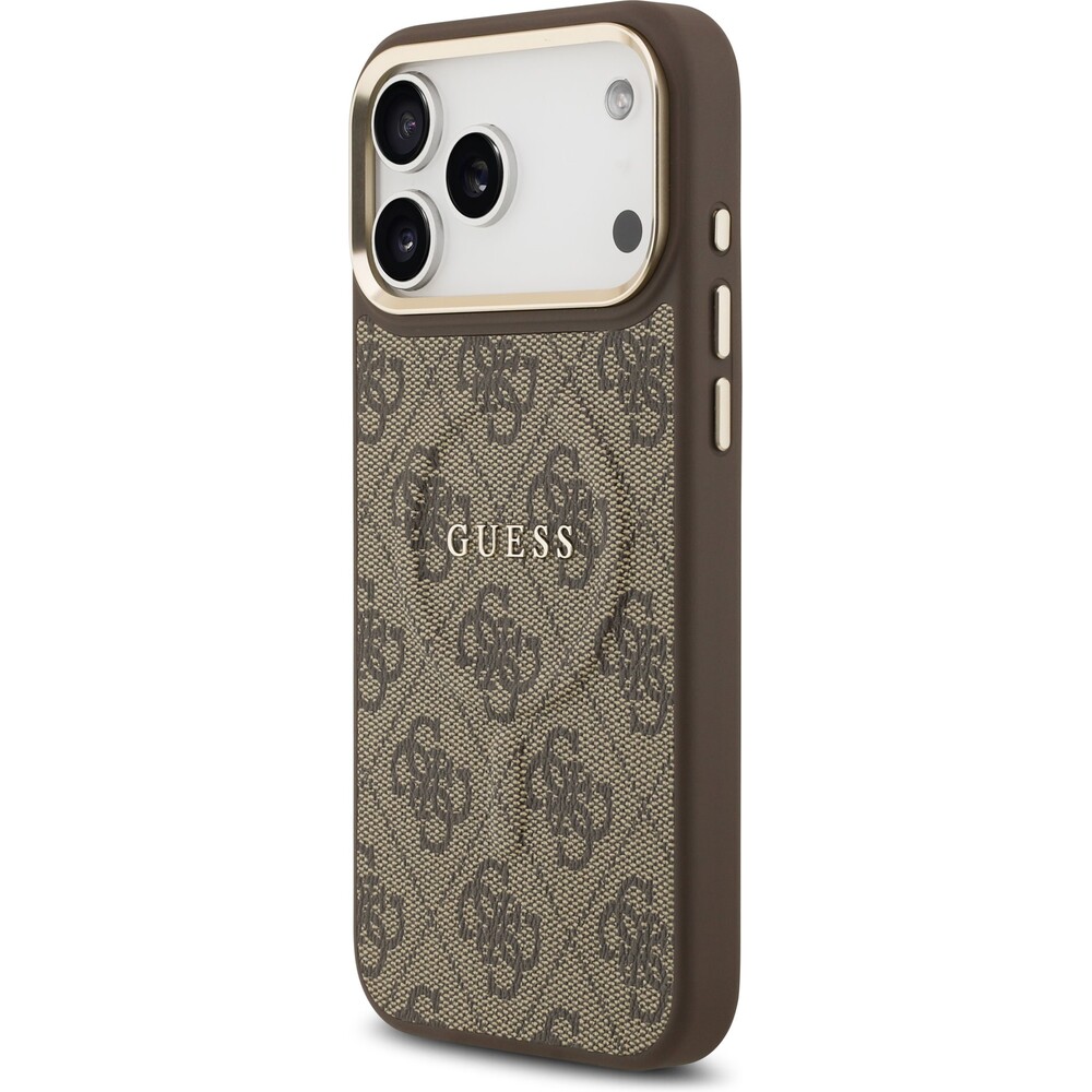Guess-PU-Leather-4G-Gold-Frame-MagSafe-kryt-iPhone-17-Pro-Max-hnedy