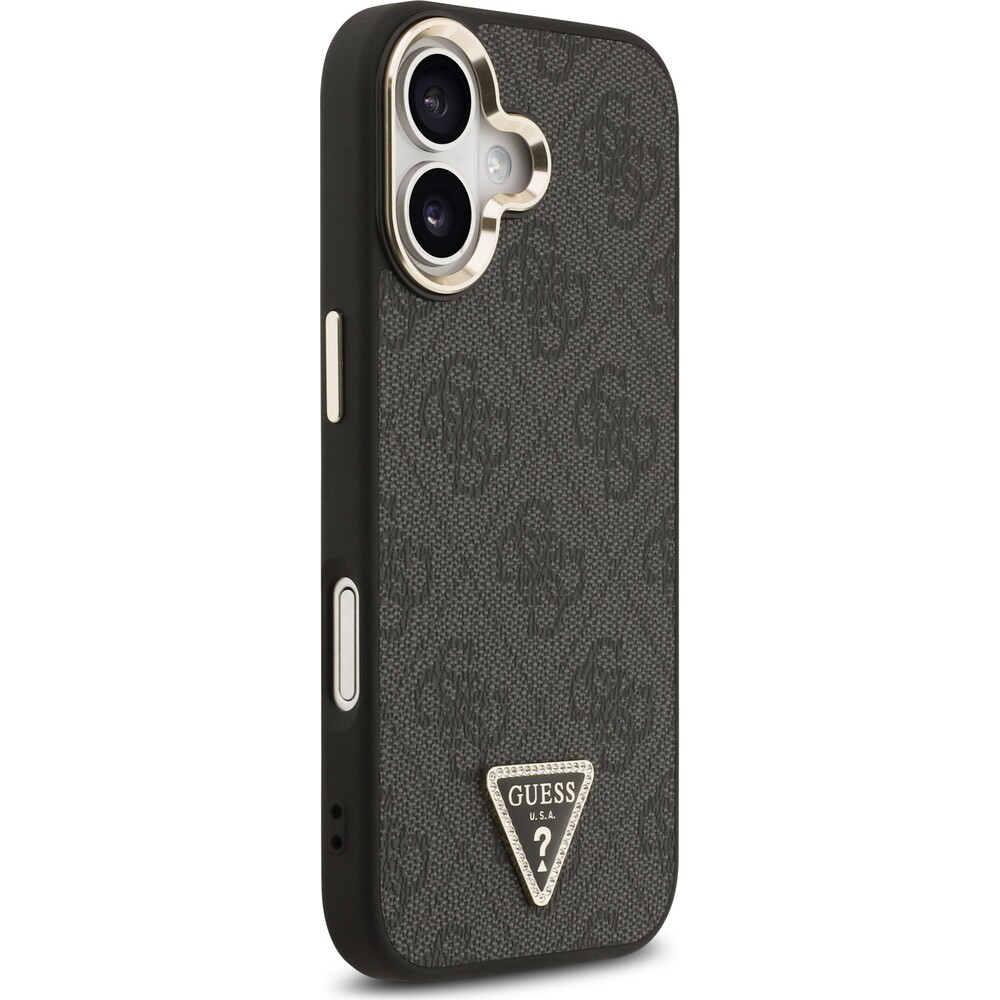 Guess-PU-Leather-4G-Triangle-Logo-Gold-Frame-MagSafe-kryt-iPhone-17-cerny