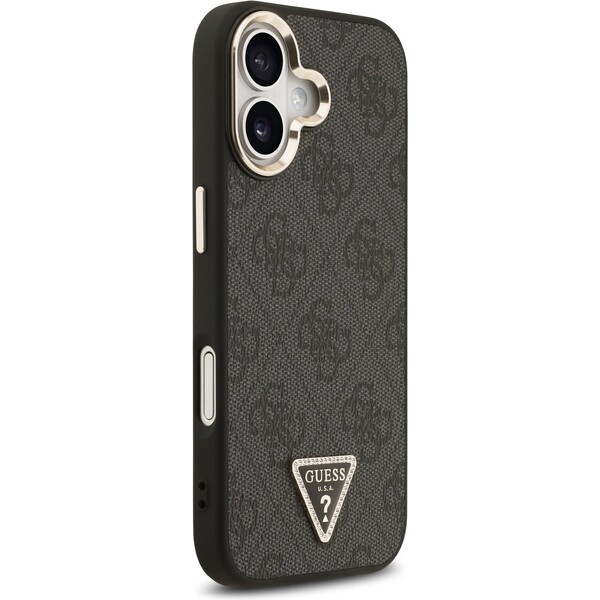 Guess-PU-Leather-4G-Triangle-Logo-Gold-Frame-MagSafe-kryt-iPhone-17-cerny