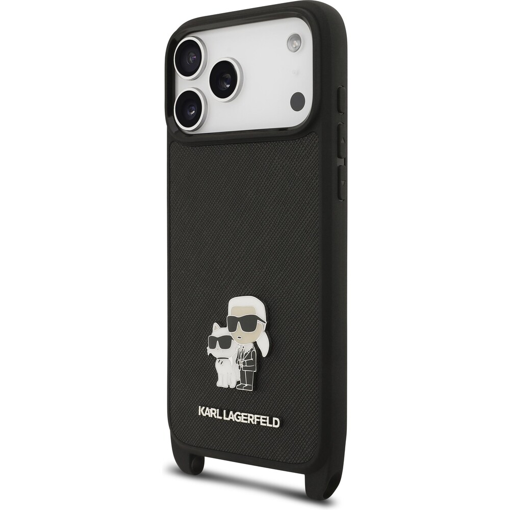 Karl-Lagerfeld-Saffiano-Crossbody-Popruh-Metal-Karl-and-Choupette-kryt-iPhone-17-Pro-cerny