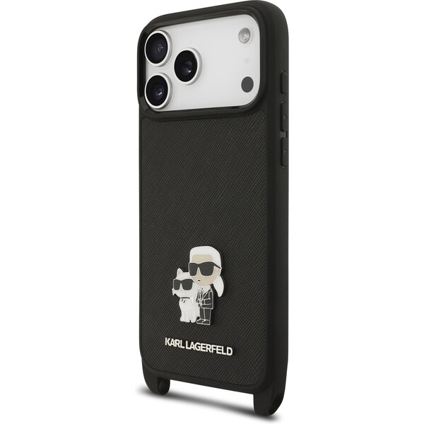 Karl-Lagerfeld-Saffiano-Crossbody-Popruh-Metal-Karl-and-Choupette-kryt-iPhone-17-Pro-cerny