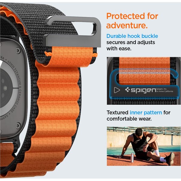 Spigen-Fabric-Band-hook-reminek-Apple-Watch-49-46-45-44mm-cerny-oranzovy