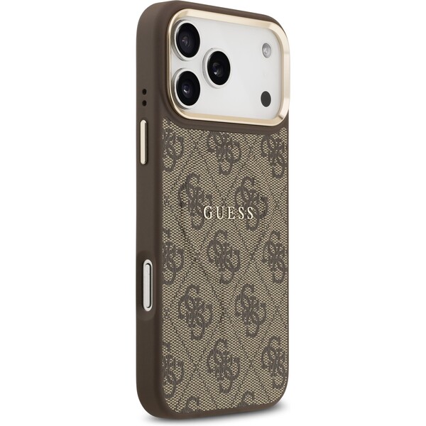 Guess-PU-Leather-4G-Gold-Frame-MagSafe-kryt-iPhone-17-Pro-Max-hnedy