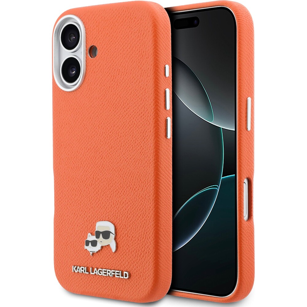 Karl-Lagerfeld-PU-Karl-and-Choupette-Heads-Pins-MagSafe-kryt-iPhone-17-oranzovy