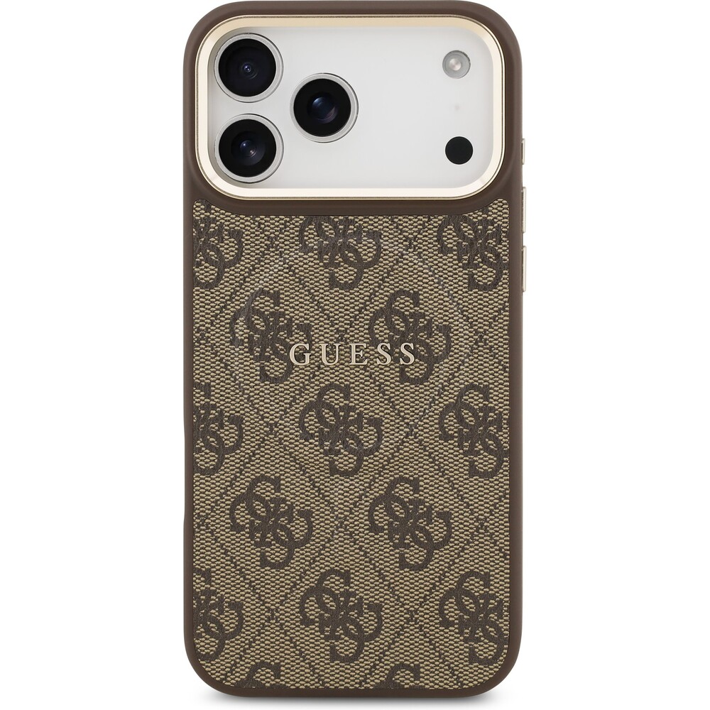 Guess-PU-Leather-4G-Gold-Frame-MagSafe-kryt-iPhone-17-Pro-Max-hnedy