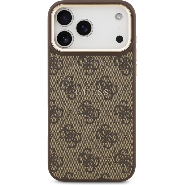 Guess-PU-Leather-4G-Gold-Frame-MagSafe-kryt-iPhone-17-Pro-Max-hnedy