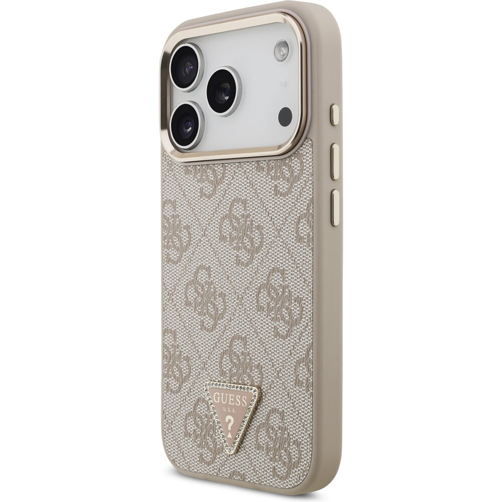 Guess-PU-Leather-4G-Triangle-Logo-Gold-Frame-MagSafe-kryt-iPhone-17-Pro-ruzovy