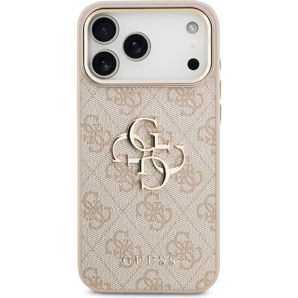 Guess-PU-Leather-4G-Metal-Logo-Gold-Frame-MagSafe-kryt-iPhone-17-Pro-Max-ruzovy