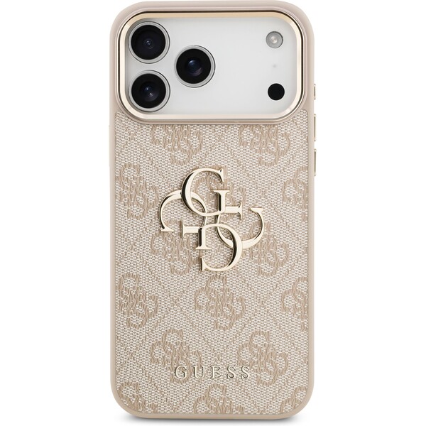 Guess-PU-Leather-4G-Metal-Logo-Gold-Frame-MagSafe-kryt-iPhone-17-Pro-Max-ruzovy