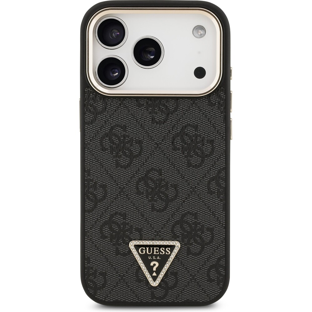 Guess-PU-Leather-4G-Triangle-Logo-Gold-Frame-MagSafe-kryt-iPhone-17-Pro-cerny