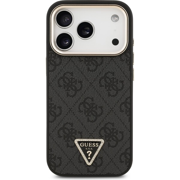 Guess-PU-Leather-4G-Triangle-Logo-Gold-Frame-MagSafe-kryt-iPhone-17-Pro-cerny