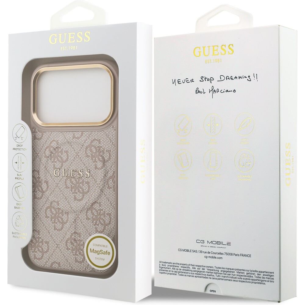 Guess-PU-Leather-4G-Gold-Frame-MagSafe-kryt-iPhone-17-Pro-ruzovy