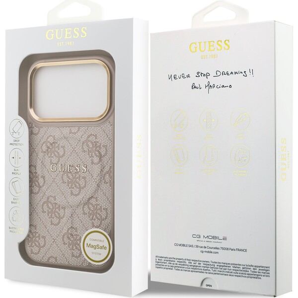 Guess-PU-Leather-4G-Gold-Frame-MagSafe-kryt-iPhone-17-Pro-ruzovy