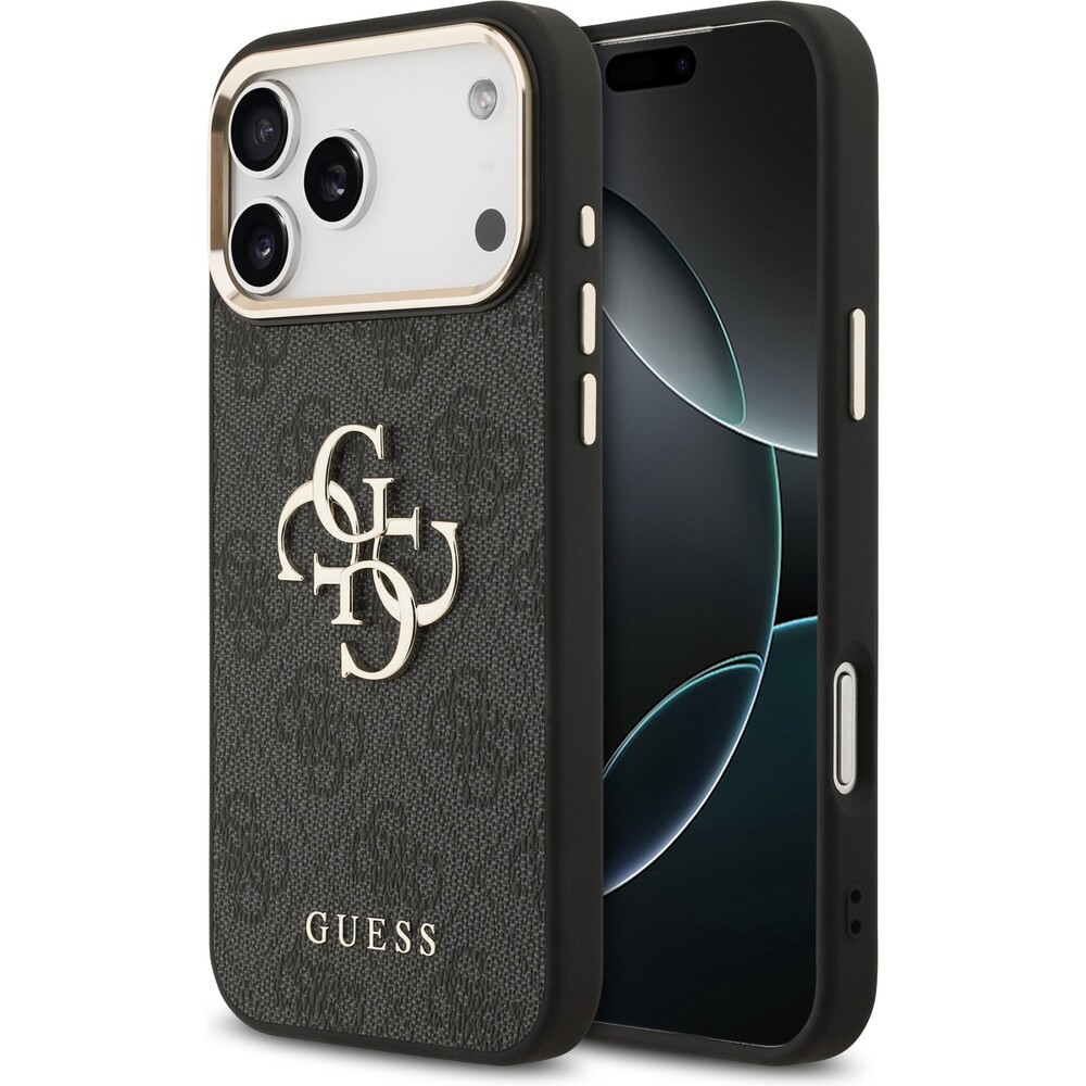 Guess-PU-Leather-4G-Metal-Logo-Gold-Frame-MagSafe-kryt-iPhone-17-Pro-Max-cerny