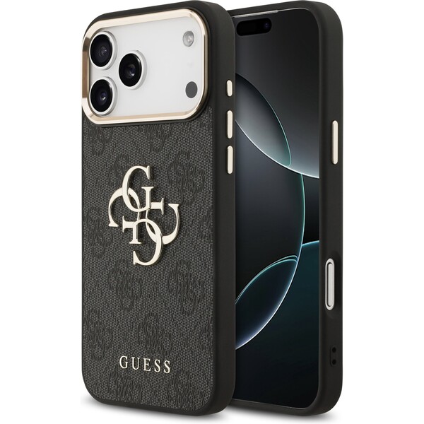 Guess-PU-Leather-4G-Metal-Logo-Gold-Frame-MagSafe-kryt-iPhone-17-Pro-Max-cerny