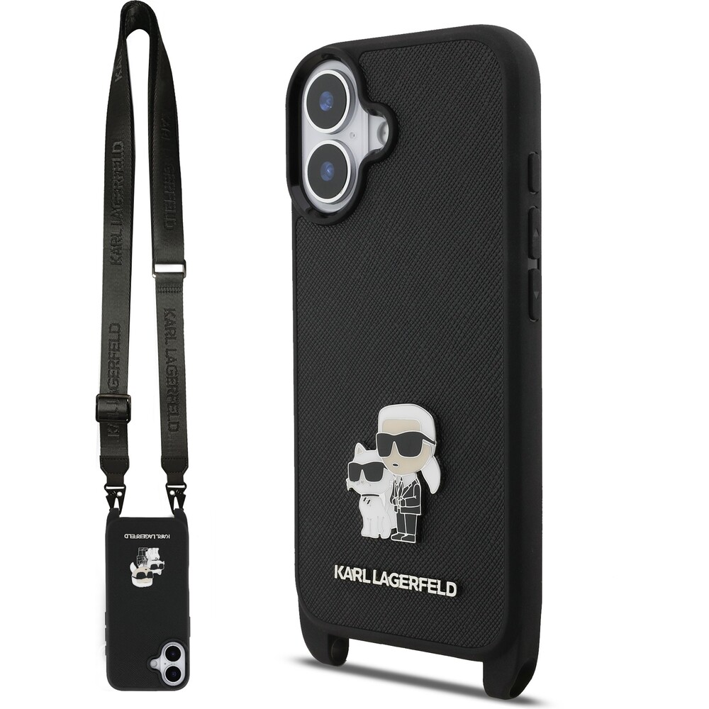 Karl-Lagerfeld-Saffiano-Crossbody-Popruh-Metal-Karl-and-Choupette-kryt-iPhone-17-cerny