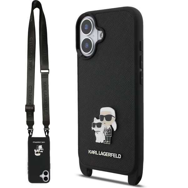 Karl-Lagerfeld-Saffiano-Crossbody-Popruh-Metal-Karl-and-Choupette-kryt-iPhone-17-cerny