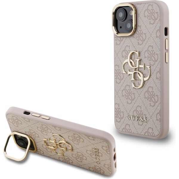 Guess-PU-4G-Metal-Logo-Stand-Camera-Frame-kryt-iPhone-15-ruzovy