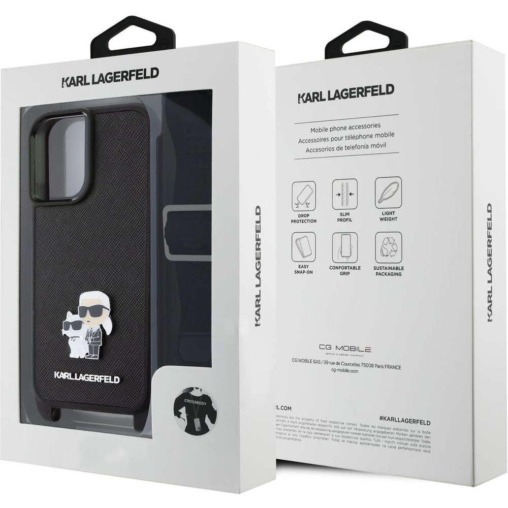 Karl-Lagerfeld-Saffiano-Crossbody-Popruh-Metal-Karl-and-Choupette-kryt-pro-iPhone-16-cerny