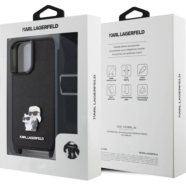 Karl-Lagerfeld-Saffiano-Crossbody-Popruh-Metal-Karl-and-Choupette-kryt-pro-iPhone-16-cerny