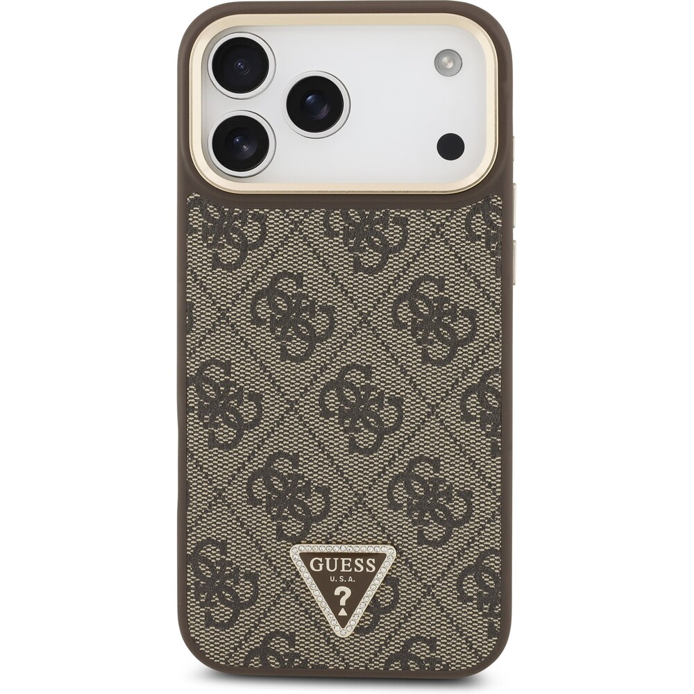 Guess-PU-Leather-4G-Triangle-Logo-Gold-Frame-MagSafe-kryt-iPhone-17-Pro-Max-hnedy