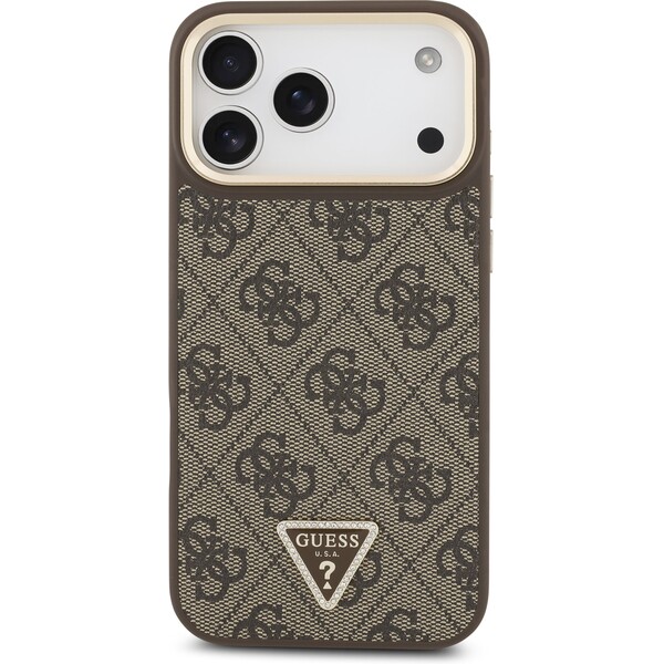 Guess-PU-Leather-4G-Triangle-Logo-Gold-Frame-MagSafe-kryt-iPhone-17-Pro-Max-hnedy