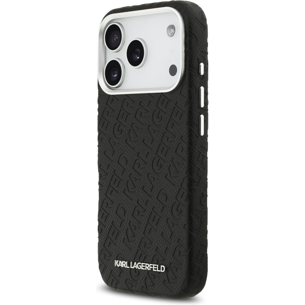 Karl-Lagerfeld-Grained-PU-Repeated-Logo-MagSafe-kryt-iPhone-17-Pro-cerny