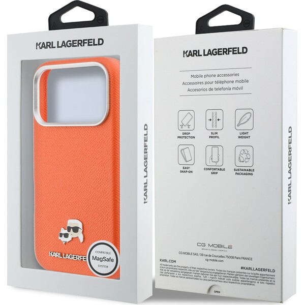 Karl-Lagerfeld-PU-Karl-and-Choupette-Heads-Pins-MagSafe-kryt-iPhone-17-Pro-oranzovy