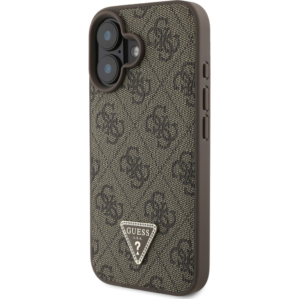 Guess-PU-4G-Strass-Triangle-Metal-Logo-kryt-Crossbody-Popruh-pro-iPhone-16-hnedy
