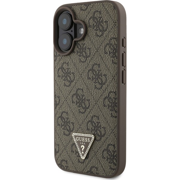 Guess-PU-4G-Strass-Triangle-Metal-Logo-kryt-Crossbody-Popruh-pro-iPhone-16-hnedy