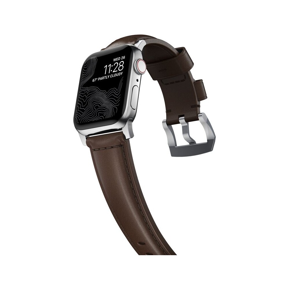 Nomad-Traditional-kozeny-reminek-Apple-Watch-Ultra-49mm-8-7-45mm-6-SE-5-4-hnedy-stribrne-prezky