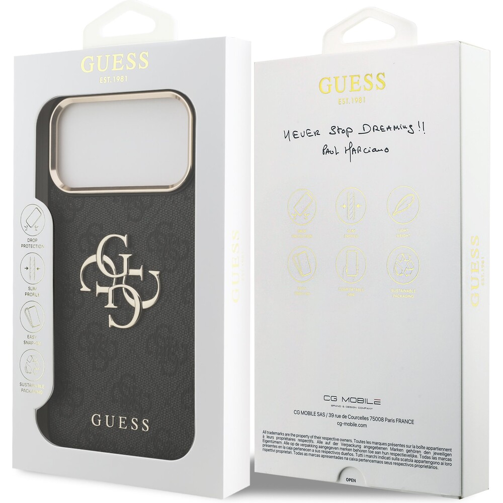 Guess-PU-Leather-4G-Metal-Logo-Gold-Frame-MagSafe-kryt-iPhone-17-Pro-Max-cerny