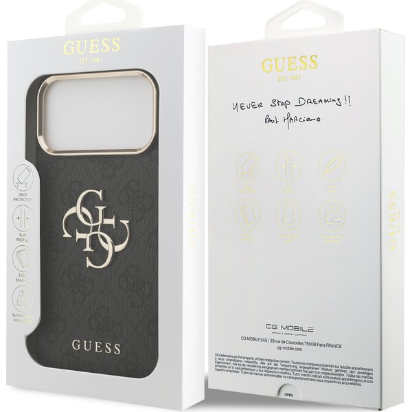 Guess-PU-Leather-4G-Metal-Logo-Gold-Frame-MagSafe-kryt-iPhone-17-Pro-Max-cerny