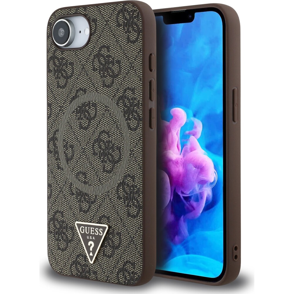 Guess-PU-4G-Strass-Triangle-Metal-Logo-kryt-iPhone-17e-16e-hnedy