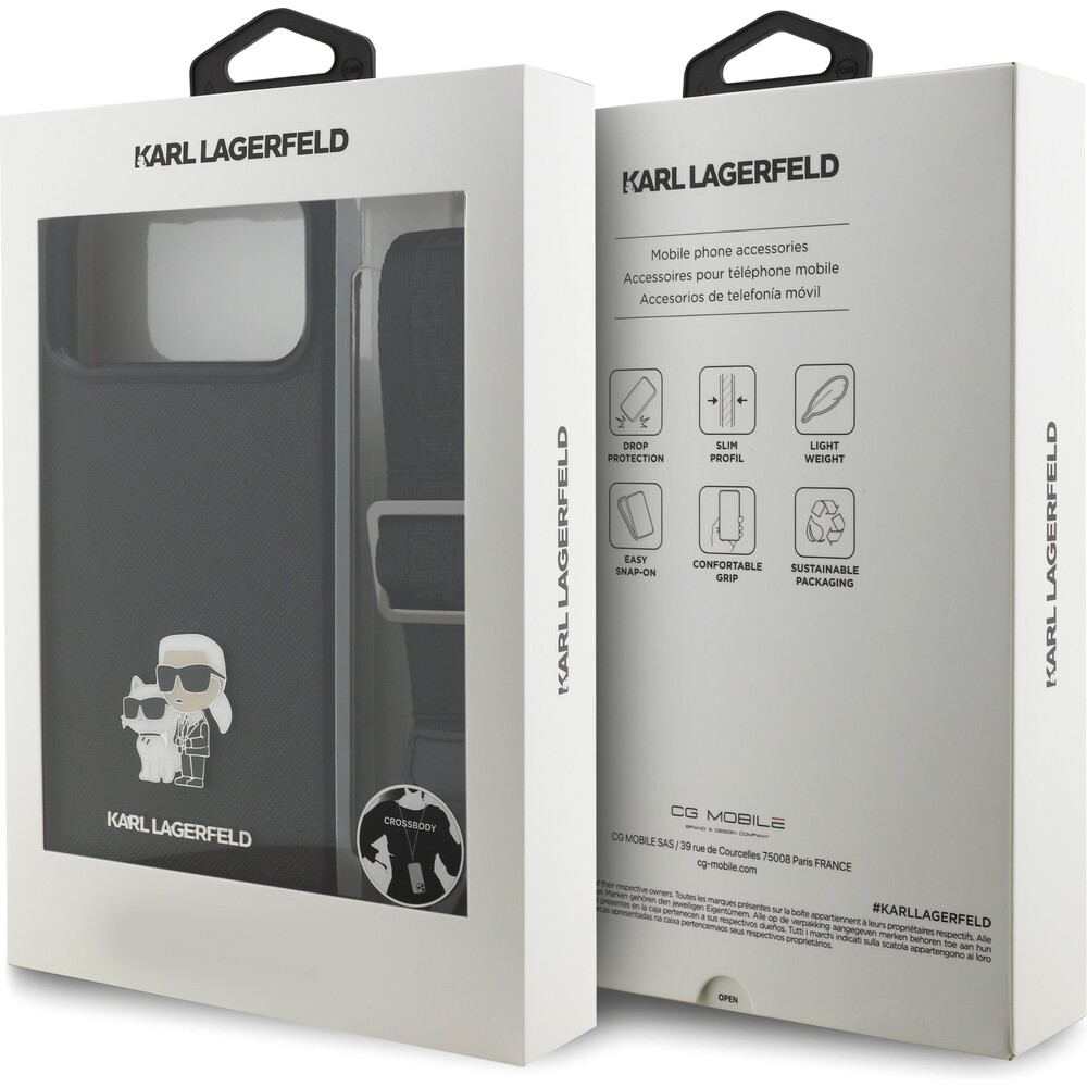 Karl-Lagerfeld-Saffiano-Crossbody-Popruh-Metal-Karl-and-Choupette-kryt-iPhone-17-Pro-cerny