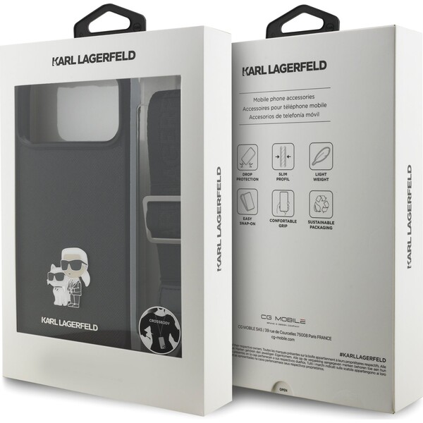 Karl-Lagerfeld-Saffiano-Crossbody-Popruh-Metal-Karl-and-Choupette-kryt-iPhone-17-Pro-cerny