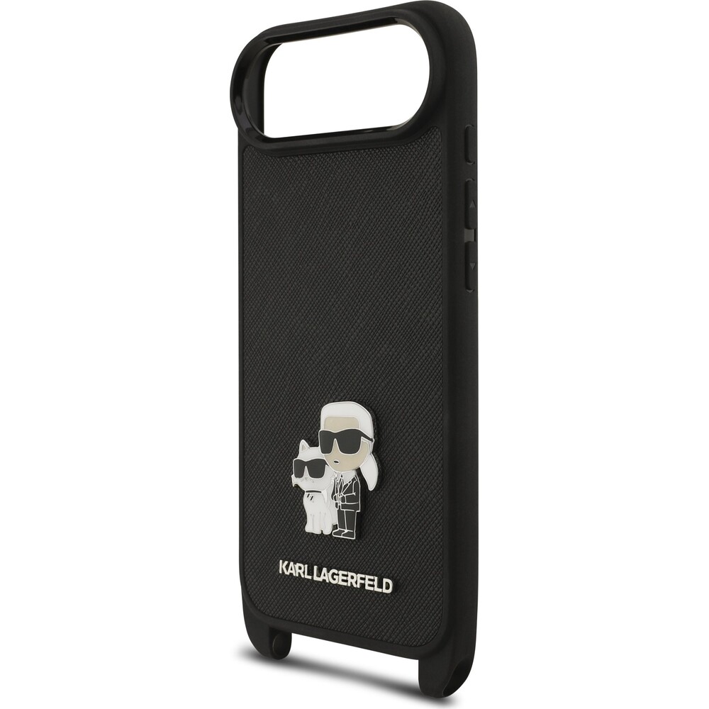 Karl-Lagerfeld-Saffiano-Crossbody-Popruh-Metal-Karl-and-Choupette-kryt-iPhone-Air-cerny