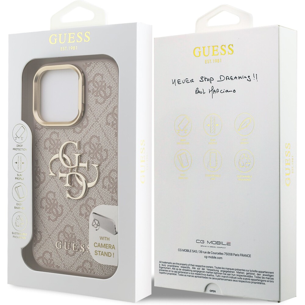Guess-PU-4G-Metal-Logo-Stand-Camera-Frame-kryt-iPhone-15-Pro-ruzovy